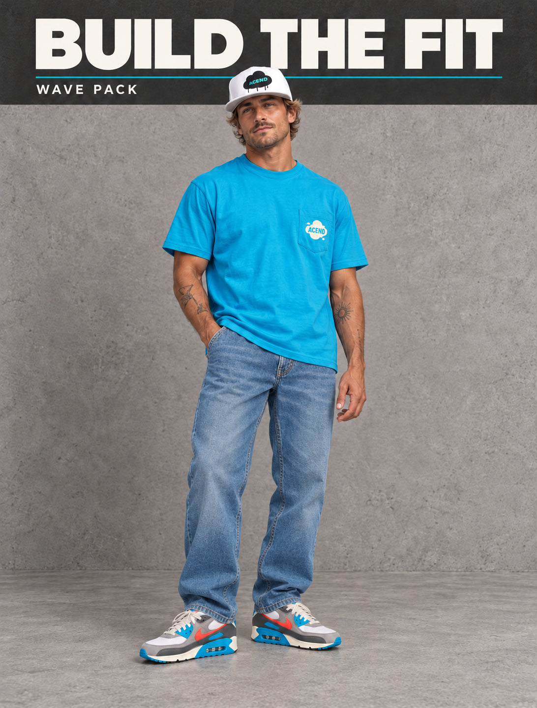 Model wearing the sapphire ACEND pocket tee, white Cloud Snapback, denim and Nike Air Max 90 Wave Pack Infrared