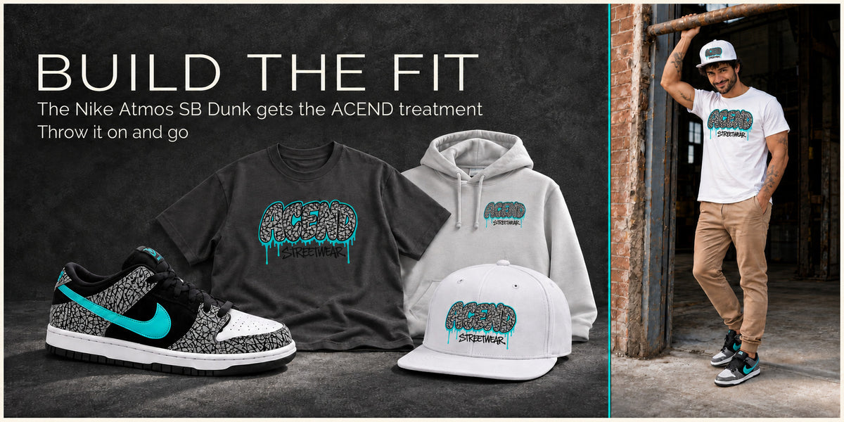 Build the Fit featuring Nike Atmos SB Dunk with ACEND Atmos tee, hoodie and white snapback